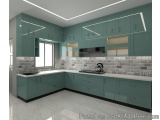 The image shows a modern kitchen with a large island in the center. The island has a white countertop with a sink and a gas s...