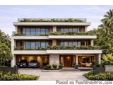 The image is a 3D rendering of a modern two-story house. The house has a flat roof with a green roof and large windows on the...