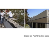 The image is a before and after comparison of a construction site. On the left side, there is a photo of a man working on a c...