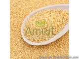 The image shows a wooden spoon filled with small, yellow-colored grains. The grains appear to be millet or couscous, and they...
