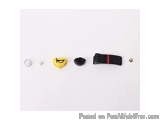 The image shows a set of four small objects arranged on a white surface. On the left side, there is a yellow triangle-shaped...