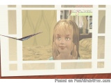 The image is a digital illustration of a young girl with blonde hair and blue eyes. She is standing in front of a window with...