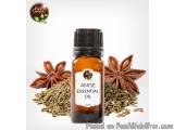 The image shows a small glass bottle with a black dropper cap and a label that reads "Anise Essential Oil". The bottle is fil...