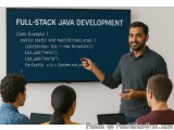 The image shows a man standing in front of a blackboard with the text "Full-Stack Java Development" written on it. He is hold...