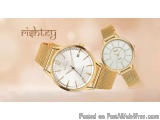 The image shows two wristwatches from the brand Rishtey. The watches have a gold-colored mesh strap and a round face with a w...