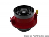 The image shows a red-colored mechanical component with a black-colored inner ring. The inner ring has a small hole in the ce...