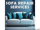 The image shows a white sofa against a dark blue wall with the words "SOFA REPAIR SERVICES" written in white capital letters...