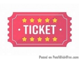 The image is a red ticket with the word "TICKET" written in white capital letters in the center. The ticket is rectangular in...
