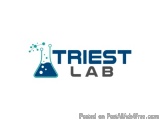 The image is a logo for a company called TRIEST LAB. The logo is written in blue capital letters on a white background. The w...