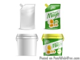 The image shows four different types of mayonnaise products. On the top left, there is a white plastic jug with a spout and a...