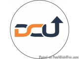 The image is a circular logo with the letters "DCU" in the center. The letters are in a combination of orange and blue colors...