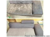 The image is a collage of two photographs of a couch that has been cleaned and is in the process of being cleaned. The couch...