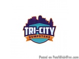 The image is a logo for a company called Tri-City Dumpsters. The logo is in the shape of a shield with a blue background and...