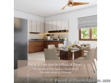 The image shows a modern kitchen and dining area in a magical blend. The kitchen has white cabinets and wooden countertops, w...