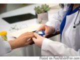 The image shows a doctor wearing a white coat and a stethoscope around his neck, checking the blood pressure of a patient's h...