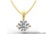 The image is of a gold necklace with a round diamond pendant. The pendant is in the shape of a circle with a brilliant cut di...