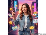 The image shows a young woman holding up a smartphone with a big smile on her face. She is wearing a denim jacket and jeans,...