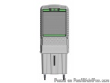 The image is a 3D rendering of a portable air purifier. It is a rectangular device with a grey body and a green screen on the...
