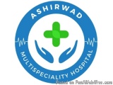 The image is the logo of Ashirwad Multispeciality Hospital. It is a circular logo with a blue background and a white border....