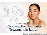 The image is an advertisement for a laser treatment in Jaipur, India. It features a young woman with her hand on her chin, sm...