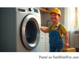 The image shows a young boy wearing a yellow hard hat and blue overalls, standing in front of a washing machine. He is holdin...