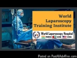 The image shows an operating room of the World Laparoscopy Training Institute. The room is equipped with medical equipment an...
