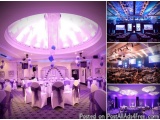 The image is a collage of three photographs of a banquet hall. The first photograph on the top left shows a large circular ce...