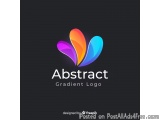 The image is a logo design for an abstract gradient logo. The logo is made up of three overlapping leaves in different colors...