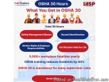 The image is an infographic that explains the benefits of OSHA 30 hours. It has a blue background with white text and illustr...