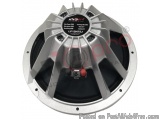 The image shows a close-up of a car subwoofer. The speaker is made of metal and has a silver finish. It has a circular shape...