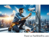 The image shows a man working on a rooftop with a security camera attached to a pole. He is wearing a blue shirt, jeans, and...