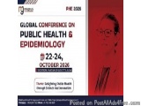 The image is a promotional poster for the Global Conference on Public Health & Epidemiology (PHE 2026). The poster has a red...