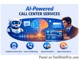 The image is an advertisement for AI-powered call center services. It has a blue background with a white robot on the left si...