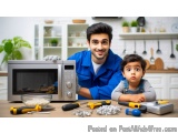 The image shows a young man and a young boy in a kitchen. The man is wearing a blue uniform and is standing in front of a mic...