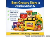 The image is an advertisement for the best grocery store in Dwarka Sector 22. It has a blue background with white text that r...