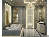 The image shows a luxurious bathroom with a modern and elegant design. The walls are covered in gray tiles with a floral patt...
