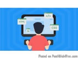 The image shows a person sitting in front of a large computer monitor. The monitor is displaying a webpage with HTML, CSS, an...