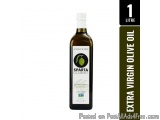 The image is of a bottle of extra virgin olive oil. The bottle is made of glass and has a white cap. The label on the bottle...