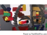 The image is an abstract painting of a face. The face is made up of various shapes and colors, including squares, rectangles,...