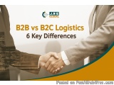 The image shows two men shaking hands in front of a city skyline. The background is white and the text "B2B vs B2C Logistics...