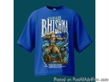 The image is of a blue t-shirt with a graphic design on the front. The design features an illustration of a man with long whi...