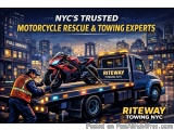 The image is an advertisement for Riteway Towing NYC, a company that provides motorcycle rescue and towing services in New Yo...
