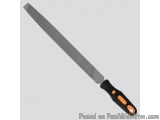 The image is of a long, thin, metal tool with an orange handle. The handle is made of black plastic and has a textured grip f...