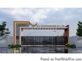 The image is a 3D rendering of the entrance gate of a property. The gate is made of metal and has a modern design with a curv...