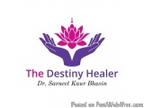 The image is a logo for a company called "The Destiny Healer" by Dr. Savneet Kaur Bhasin. The logo features a pair of hands h...