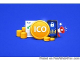 The image is an illustration of the concept of ICO (Internet of Things) technology. It shows a stack of gold coins, a smartph...