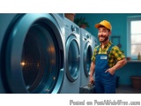 The image shows a young man wearing a yellow hard hat and overalls, standing in front of a row of washing machines in a laund...