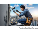 The image shows a young man working on a security camera mounted on a wall. He is wearing a blue uniform and a tool belt with...