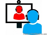The image is a graphic illustration of a computer monitor with a red person on the screen. The person is wearing a headset an...