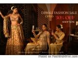 The image is an advertisement for a Diwali fashion sale. It features three women dressed in traditional Indian attire, with t...